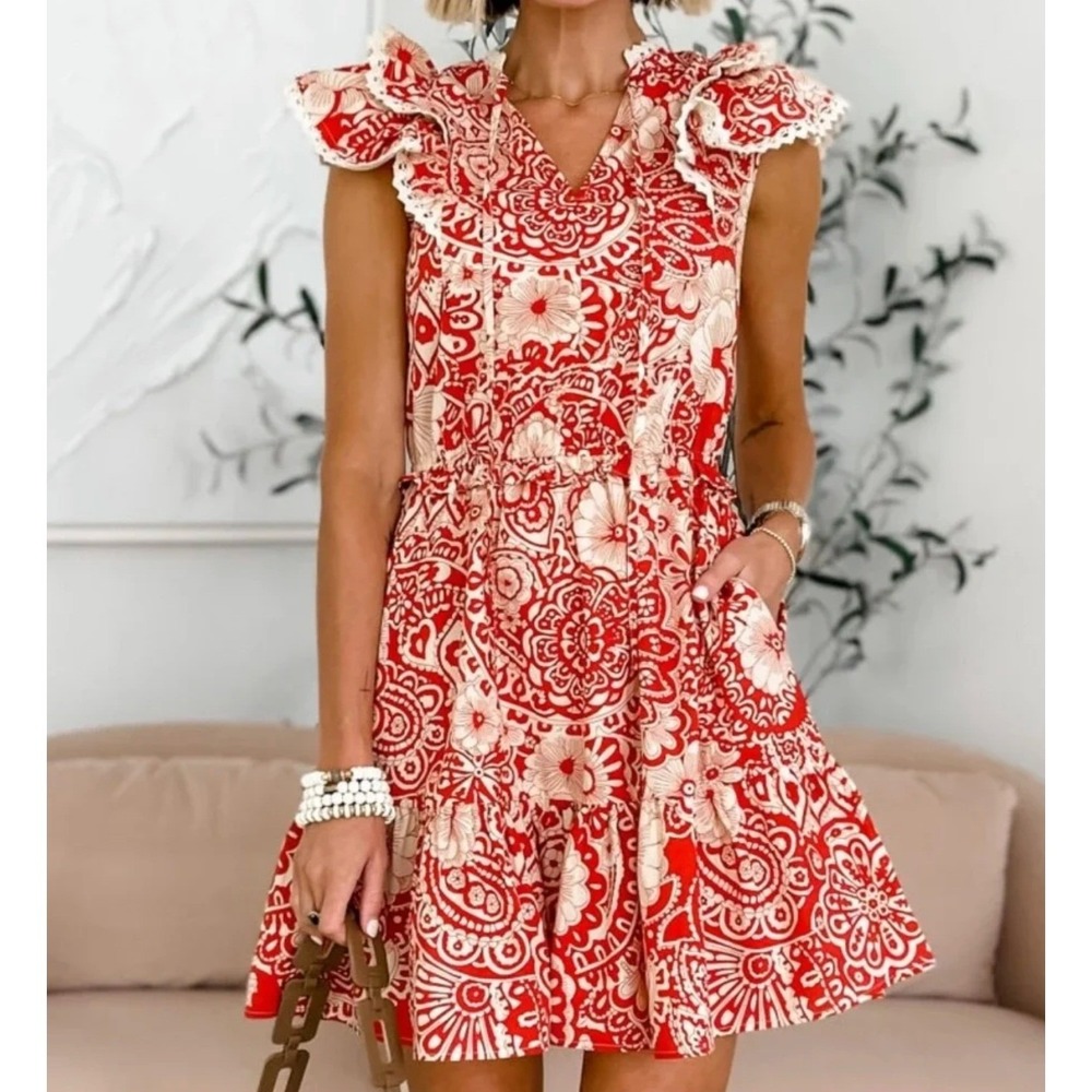 Pinch Red and Cream Paisley Ruffle Mini Dress - Picture 2 of 11